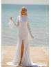 Long Bell Sleeves Ivory Lace Slit Stunning Wedding Dress